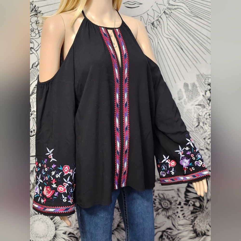 Parker Black Floral Embroidered Cold-shoulder Blouse Bell Sleeves Med.